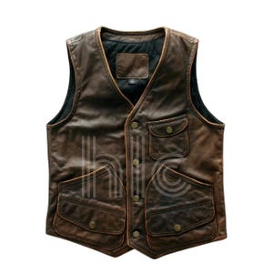 Chaleco de cuero marrón vintage desgastado hecho a mano para hombre, chaleco táctico, chaqueta de cuero para motociclista, chaleco vintage de 1990, regalo para él.