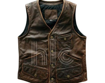 Handmade Mens Distressed Vintage Brown Leather Vest, Tactical Vest, Motorcycle leather Jacket, 1990 vintage Vest, Gift for him