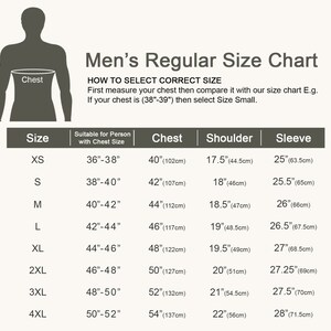 May include: A size chart for men's regular sizes, with measurements in inches and centimeters. The chart includes chest, shoulder, and sleeve measurements for sizes XS to 4XL. The text reads, "HOW TO SELECT CORRECT SIZE" and provides instructions.