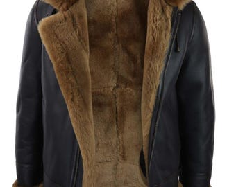 Giacca in pelle di montone da uomo fatta a mano con cappuccio - Bomber in pelle di pecora nera con fodera in pelliccia, calda giacca invernale in montone stile aviatore