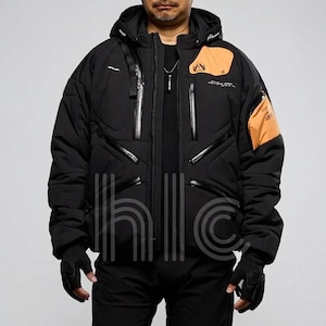 Men’s Black Puffer Jacket with Orange Patch – Winter Hooded Jacket, Streetwear Coat, Warm Insulated Jacket, Techwear Style Outerwear for Men