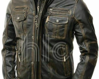 Vintage Distressed Brown Leather Jacket for Men, Rugged Handmade Motorcycle Style Coat, Lightweight Biker Jacket Gift for him