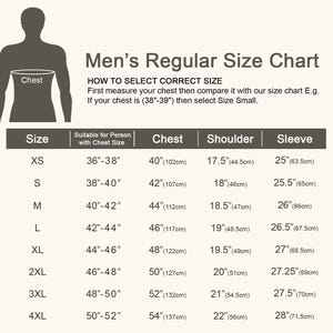 May include: A beige size chart for men's regular sizes, with a silhouette of a person. The chart includes sizes XS to 4XL, chest measurements in inches and centimeters, shoulder, and sleeve measurements. The text reads "Men's Regular Size Chart".