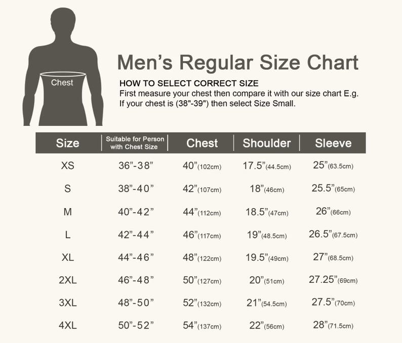 May include: A beige size chart for men's regular sizes, with a silhouette of a person. The chart includes sizes XS to 4XL, chest measurements in inches and centimeters, shoulder, and sleeve measurements. The text reads "Men's Regular Size Chart".
