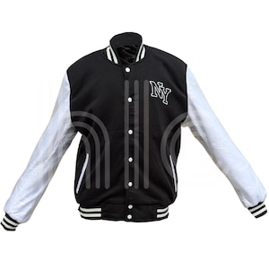Black & White Varsity Jacket: Fleece Letterman Jacket with Leather Sleeves