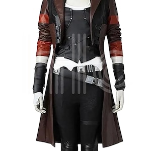 May include: A brown and black leather coat with red accents on the sleeves. The coat features a black vest, white shirt, and black trousers. The outfit includes a silver belt and black arm guards. The coat is knee-length.