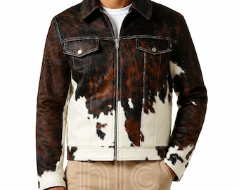 Handgefertigte Herren Western-Rindslederjacke | Echthaar-On Kuh Print Ledermantel | Vintage Style Lederjacke | Benutzerdefinierte Größe