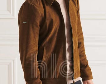 Handmade Men’s Classic Brown Suede Trucker Jacket | Vintage Western Shirt Collar Suede Leather Jacket | Lightweight Summer Jacket