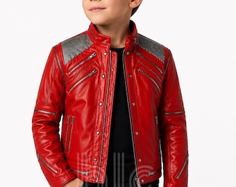 Giacca in pelle rossa da ragazzo, stile pop star, fatta a mano – Giacca da motociclista vintage anni '80, costume da concerto retrò, iconico outfit da ballo, regalo per ragazzi