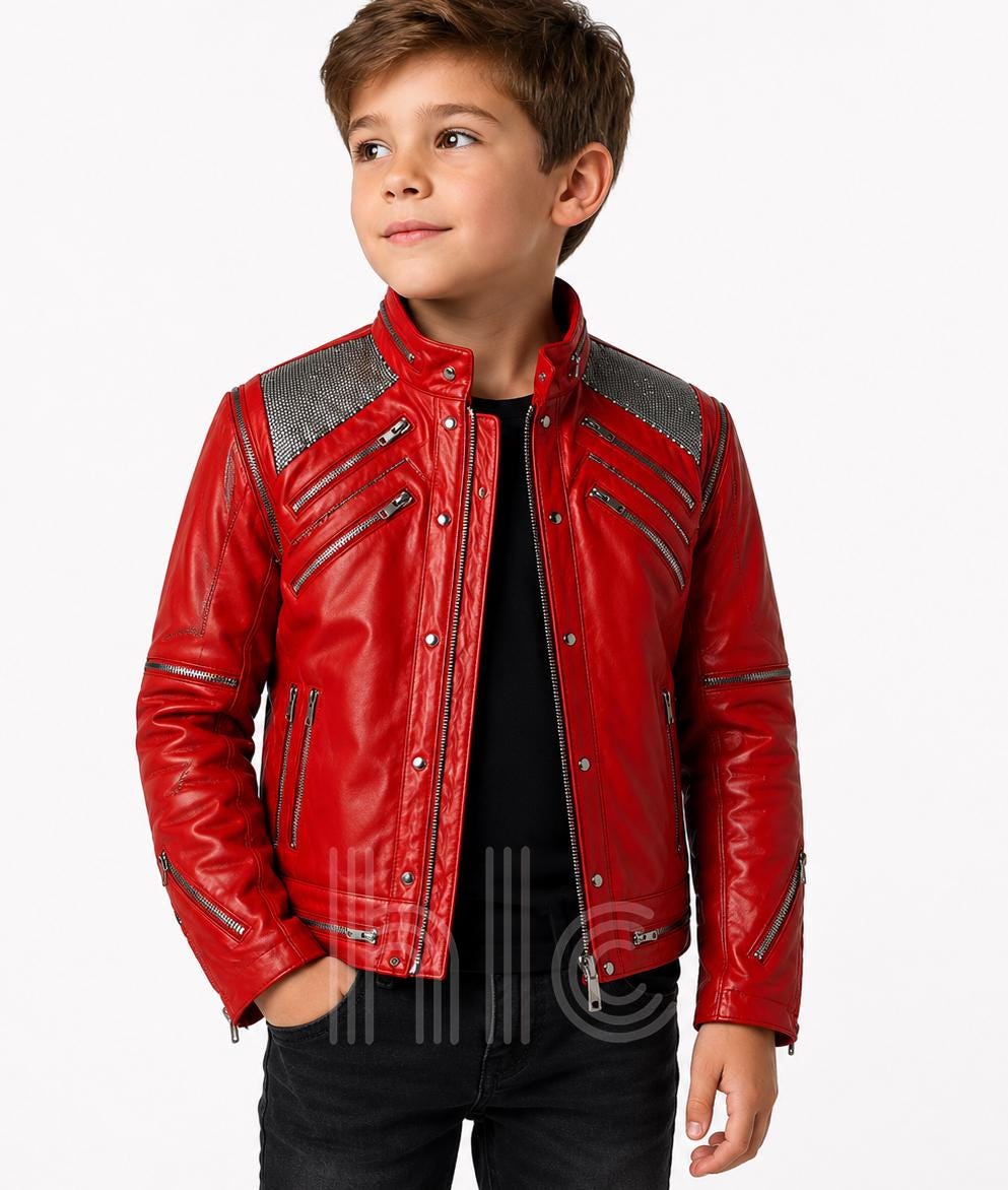 Handmade Boys Pop Star Red Style Leather Jacket - Vintage 80s Biker Jacket, Retro Concert Costume, Iconic Dance Outfit Gift for Boys