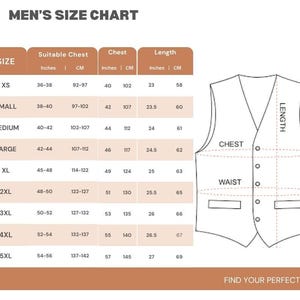 May include: A size chart for vests, with measurements in inches and centimeters. The chart includes sizes XS to 5XL, detailing chest, waist, and length measurements. The text "MEN'S SIZE CHART" is at the top, and "FIND YOUR PERFECT FIT!" is at the bottom.