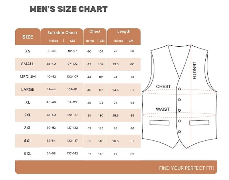 May include: A size chart for vests, with measurements in inches and centimeters. The chart includes sizes XS to 5XL, detailing chest, waist, and length measurements. The text "MEN'S SIZE CHART" is at the top, and "FIND YOUR PERFECT FIT!" is at the bottom.