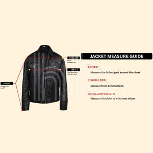 May include: Black leather jacket with a zipper closure, two chest pockets, and a collar. The image includes a jacket measure guide with instructions for chest, shoulder, and full arm length measurements.