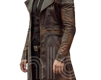 May include: A long, brown leather coat with a notched collar and a button-up front. The coat has a vintage, distressed look. The coat is knee-length and has a tailored fit, suitable for outerwear. The coat's length is approximately 120 cm.