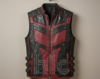 Men’s Red Black Leather Vest – Biker Style Sleeveless Jacket, Slim Fit Motorcycle Waistcoat, Punk Rock Fashion Vest, Handmade Leather Outfit