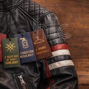 May include: Close-up of a black leather jacket with a quilted shoulder design. Attached tags provide care instructions: avoid water, keep out of direct sunlight, condition regularly, and hang properly. The jacket has a zipper closure and decorative stripes.