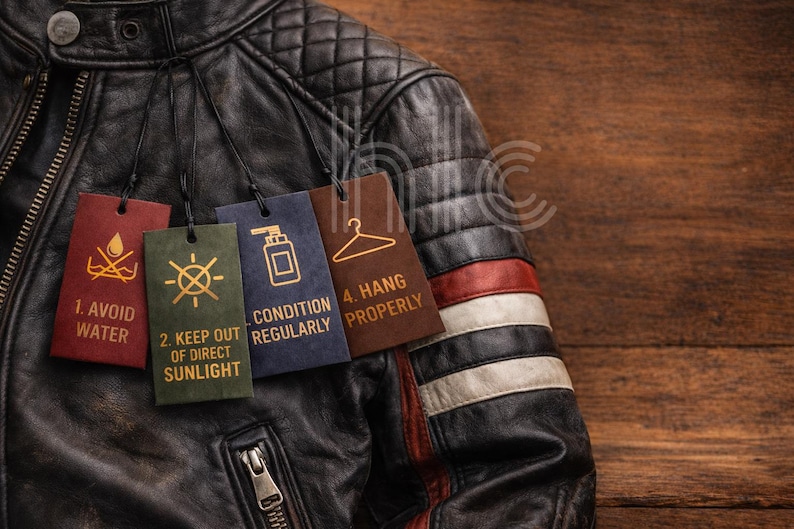 May include: Close-up of a black leather jacket with a quilted shoulder design. Attached tags provide care instructions: avoid water, keep out of direct sunlight, condition regularly, and hang properly. The jacket has a zipper closure and decorative stripes.