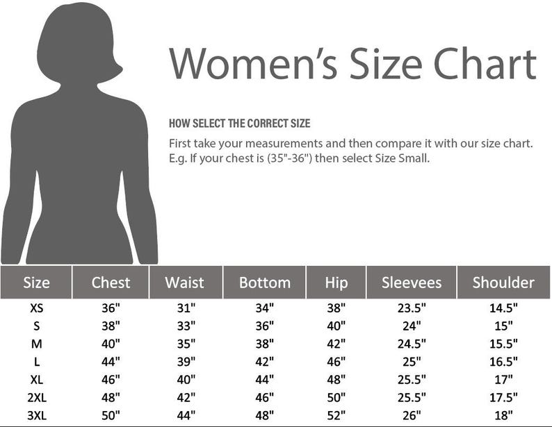 Puede incluir: Una tabla de tallas para mujeres con medidas en pulgadas para pecho, cintura, bajo, cadera, mangas y hombros. Incluye tallas XS a 3XL. La tabla est&aacute; acompa&ntilde;ada de una silueta de mujer.