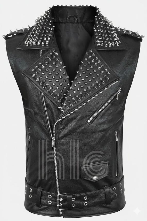Men’s Black Studded Leather Vest, Punk Rock Biker Vest, Handmade Real Leather Motorcycle Waistcoat, Gothic Metal Style Sleeveless Jacket