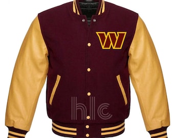 Handmade Mens  Wool Leather Varsity Jacket | Yellow Burgundy Bomber Style winter Football Jacket, Custom Sizes and Colors