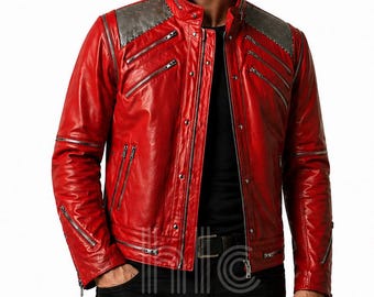 Chaqueta de cuero roja estilo Beat It hecha a mano para hombre – Chaqueta motera vintage de los 80, traje retro para conciertos, regalo icónico para él.