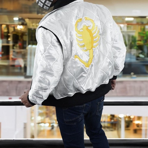 Motorcycle Ryan Drive Gosling Scorpion Logo Ivory White Bomber