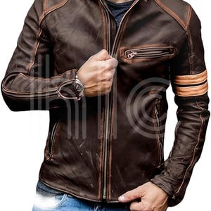 Handmade Mens Vintage Cafe Racer Brown Leather Jacket, Motorcycle Jacket For Men, Men Vintage Distressed Biker Winter Leather Jacket