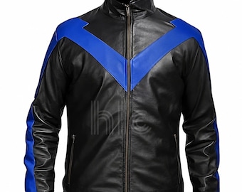 Handmade Men Motorcycle Black and Blue Wing Leather Jacket Genuine Leather Biker Jacket For Men Slim Fit Jacket For Him