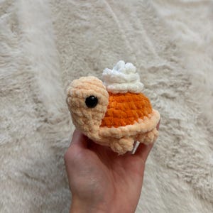 May include: A crocheted turtle toy with a peach-colored head and feet, an orange shell, and a white fluffy topping. The turtle has a black eye and is made of soft yarn. The toy is approximately 4 inches long.