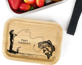 Edelstahl Brotdose Lunchbox für Angler und Fischer personalisiert mit Wunschtext Bambusdeckel angeln fischen Name Wunschgravur Bento Stil