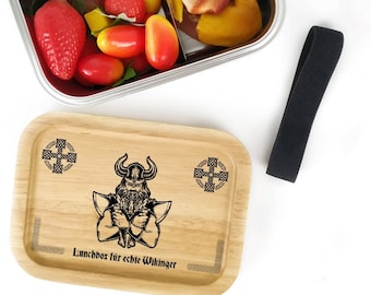 Stainless steel lunch box with engraving Viking and desired text personalized bamboo lid Thor's Hammer Valhalla name adult bento style