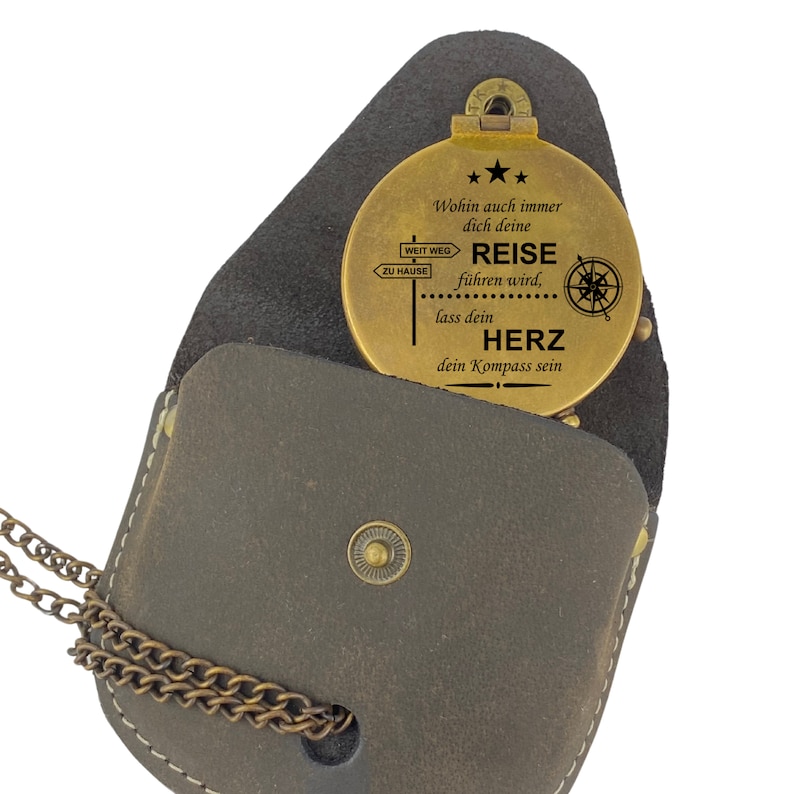 Personalisierter Kompass Vintage Optik mit Gravur Wunschmotiv und Wunschtext Name Text diverse Designs Geschenkidee Ledertasche Geschenkbox Bild 3