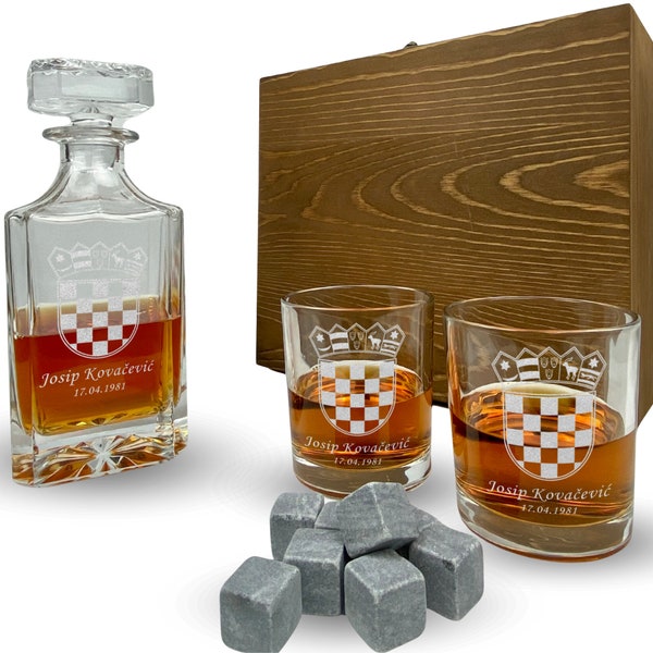 Whisky Set mit Gravur Kroatien personalisiert Karaffe 700 ml und Gläser graviert Hrvatska Croatia Wappen Flagge Geschenkbox