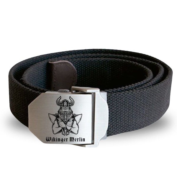 Riem met roestvrijstalen gesp met Viking-gravure en naam naar keuze, gepersonaliseerde diverse motieven, werkkleding stoffen riem Walhalla Thor riem