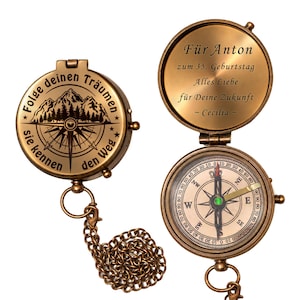 Bússola personalizada em estilo vintage com gravação do motivo e texto de sua escolha (nome, texto, vários desenhos), ideia para presente (estojo de couro, caixa de presente)