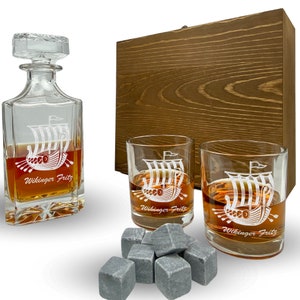 Whisky Set with engraving Viking motif ship personalized carafe 700 ml and glasses various motifs Valhalla Thor