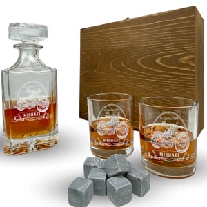 Whisky Set mit Gravur Motorrad personalisiert mit Name Karaffe 700 ml und Gläser verschiedene Motive Motorradfahrer Biker Bike