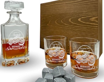 Whisky Set mit Gravur Motorrad personalisiert mit Name Karaffe 700 ml und Gläser verschiedene Motive Motorradfahrer Biker Bike