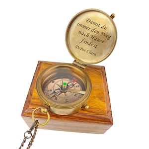 Personalisierter Kompass Vintage Optik mit Gravur Wunschmotiv und Wunschtext Name Text diverse Designs Geschenkidee Ledertasche Geschenkbox Bild 4