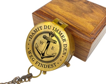 Personalisierter Kompass Vintage Optik mit Gravur Wunschmotiv Maritim und Wunschtext Name Text diverse Designs Ledertasche Geschenkbox