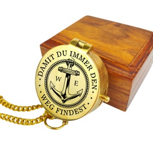 Personalisierter Kompass Messing poliert mit Gravur Wunschmotiv Maritim und Wunschtext Name diverse Designs Geschenk Ledertasche Geschenkbox
