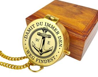 Personalized compass brass polished with engraving desired motif maritime and desired text name various designs gift leather bag gift box