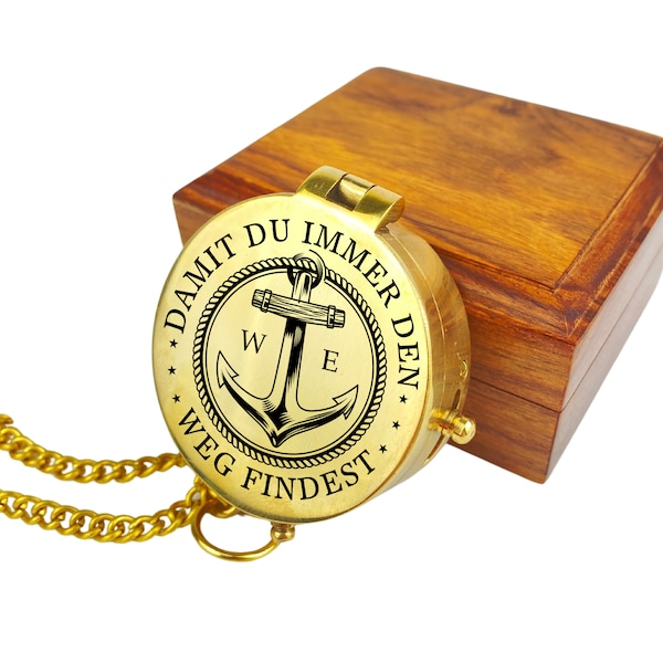 Personalisierter Kompass Messing poliert mit Gravur Wunschmotiv Maritim und Wunschtext Name diverse Designs Geschenk Ledertasche Geschenkbox