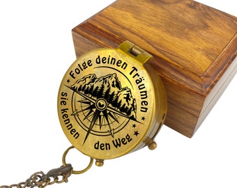 Personalisierter Kompass Vintage Optik mit Gravur Wunschmotiv und Wunschtext Name Text diverse Designs Geschenkidee Ledertasche Geschenkbox