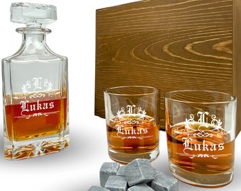Coffret cadeau à whisky avec monogramme et nom carafe 700 ml et verres avec gravure personnalisé en option avec boîte en bois carafe à whisky en verre