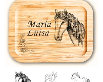 Gepersonaliseerde lunchbox met gravure paard voor ruiters en paardenliefhebbers meisjes eenhoorn pony roestvrij staal bamboe deksel naam bento stijl