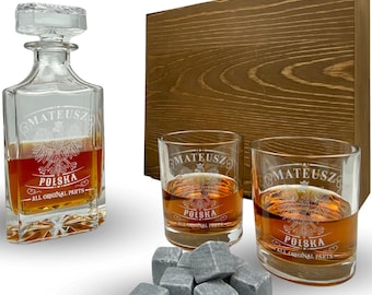 Coffret à whisky avec gravure Pologne personnalisé avec nom carafe 700 ml et verres gravés aigle armoiries drapeau Pologne polonais