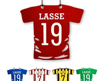 Fußball Trikot personalisiert in Ihren Wunschfarben mit Rückennummer und Name zum Aufhängen 5x8 cm Anhänger Acryl Rückspiegel Tasche Verein
