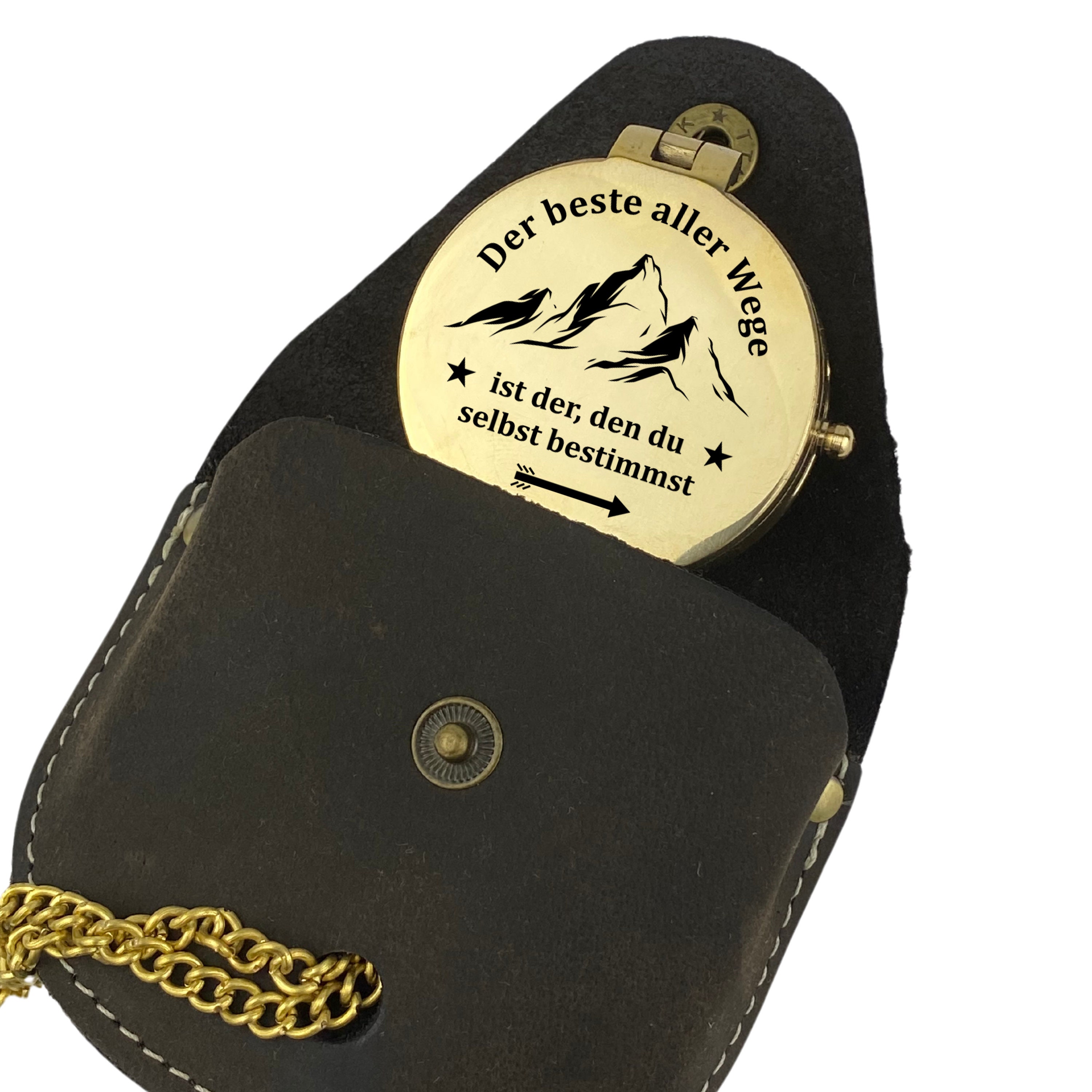Bussola personalizzata in ottone lucido con incisione a scelta di motivo e testo, nome, vari design, idea regalo, custodia in pelle, confezione regalo - Italia