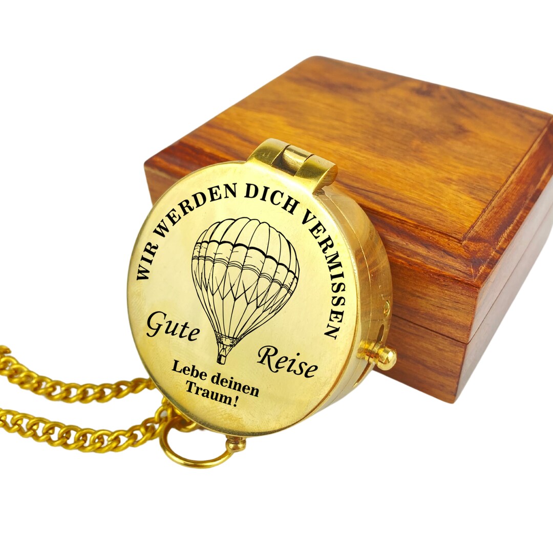 Boussole Personnalisée En Laiton – Gravure Maritime + Texte Au Choix, 5cm, Chaîne 17cm, Coffret Cadeau Optionnel